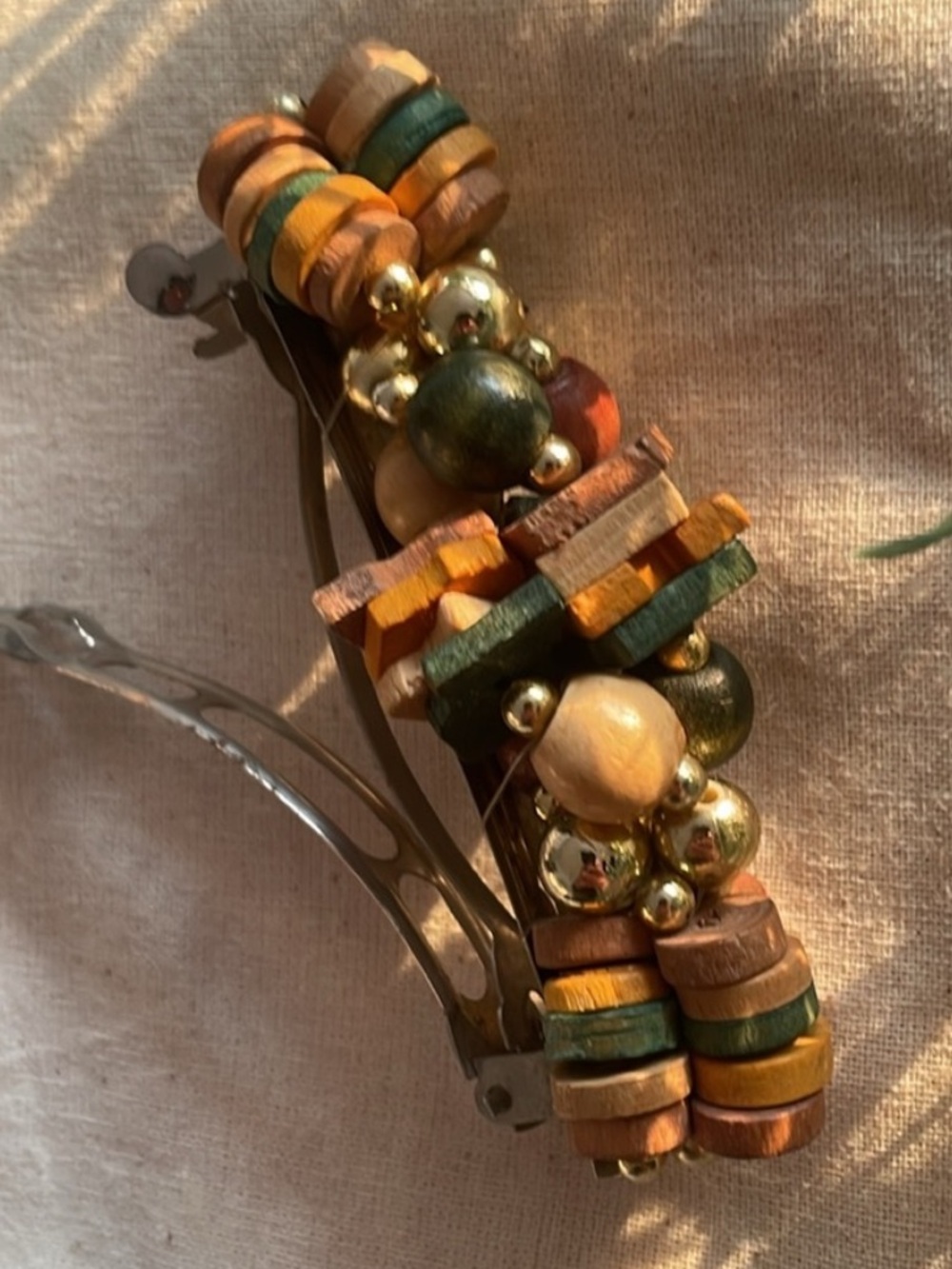 Raised Wood & Gold Beadwork Hair Brooch